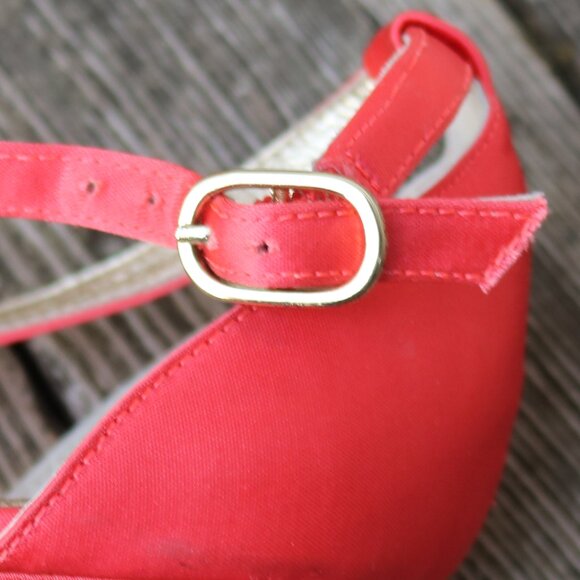 Adrianna Papell Coral & Gold Satin, Leather & Glitter Peep Toe Ankle Strap Heels - Picture 7 of 10